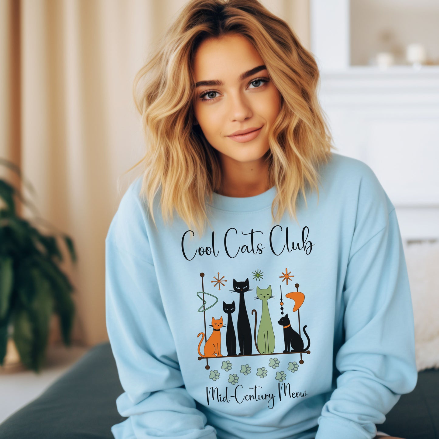 Cool Cats Club Sweatshirt – Mid-Century Modern Cat Lover Shirt, Retro Atomic Style Sweatshirt for Vintage Aesthetic Fans