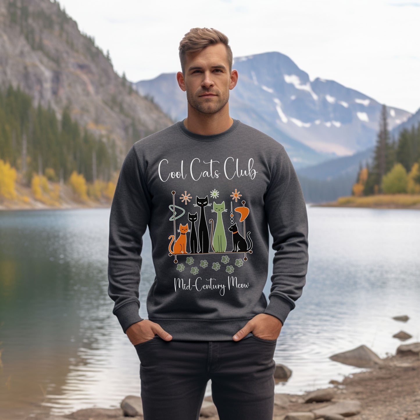 Cool Cats Club Sweatshirt – Mid-Century Modern Cat Lover Shirt, Retro Atomic Style Sweatshirt for Vintage Aesthetic Fans