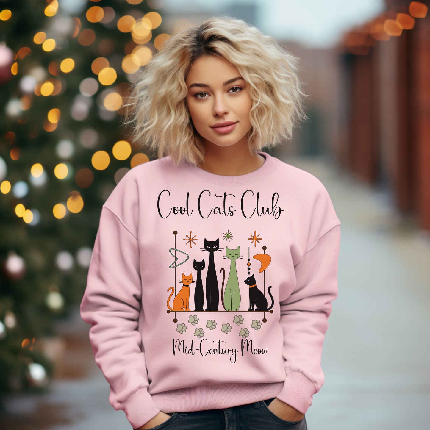 Cool Cats Club Sweatshirt – Mid-Century Modern Cat Lover Shirt, Retro Atomic Style Sweatshirt for Vintage Aesthetic Fans