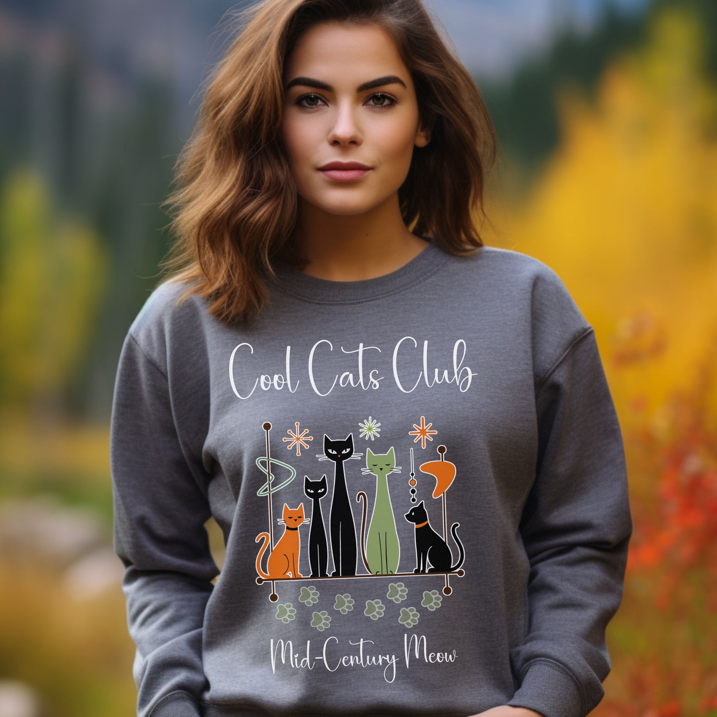 Cool Cats Club Sweatshirt – Mid-Century Modern Cat Lover Shirt, Retro Atomic Style Sweatshirt for Vintage Aesthetic Fans