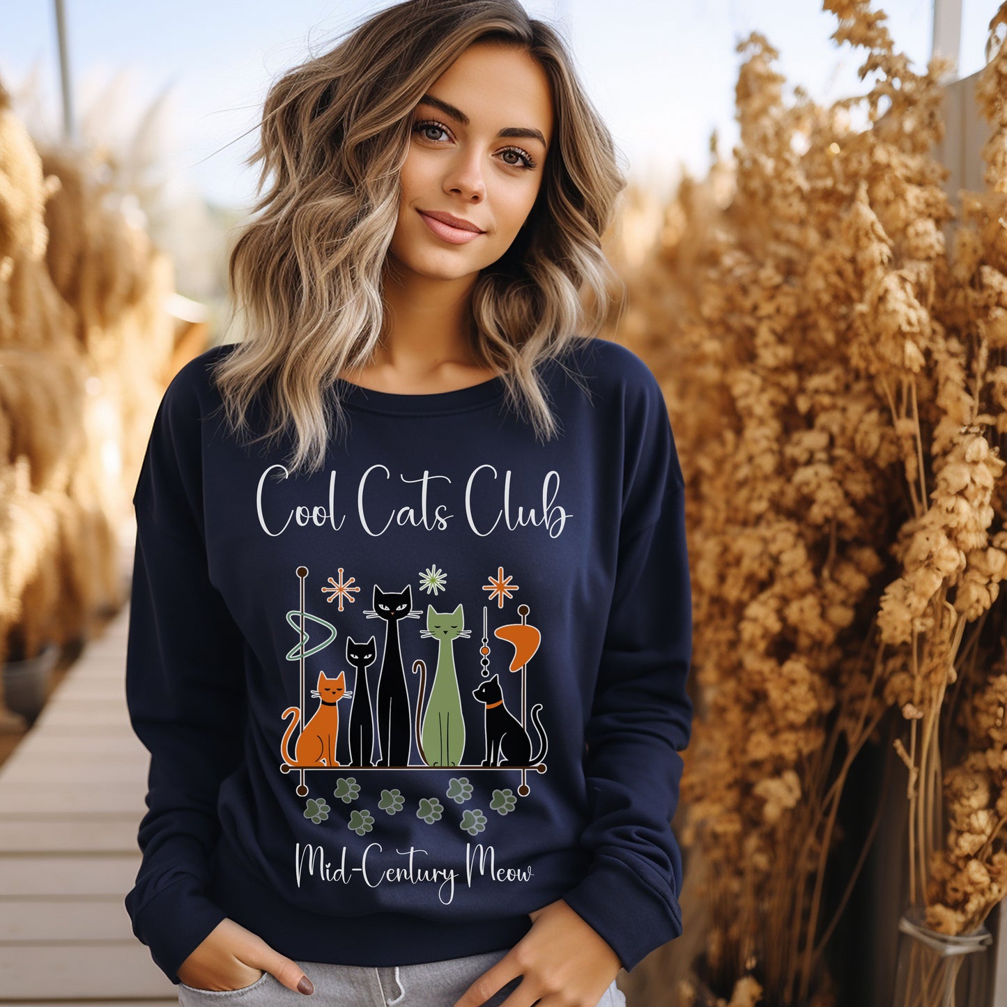 Cool Cats Club Sweatshirt – Mid-Century Modern Cat Lover Shirt, Retro Atomic Style Sweatshirt for Vintage Aesthetic Fans