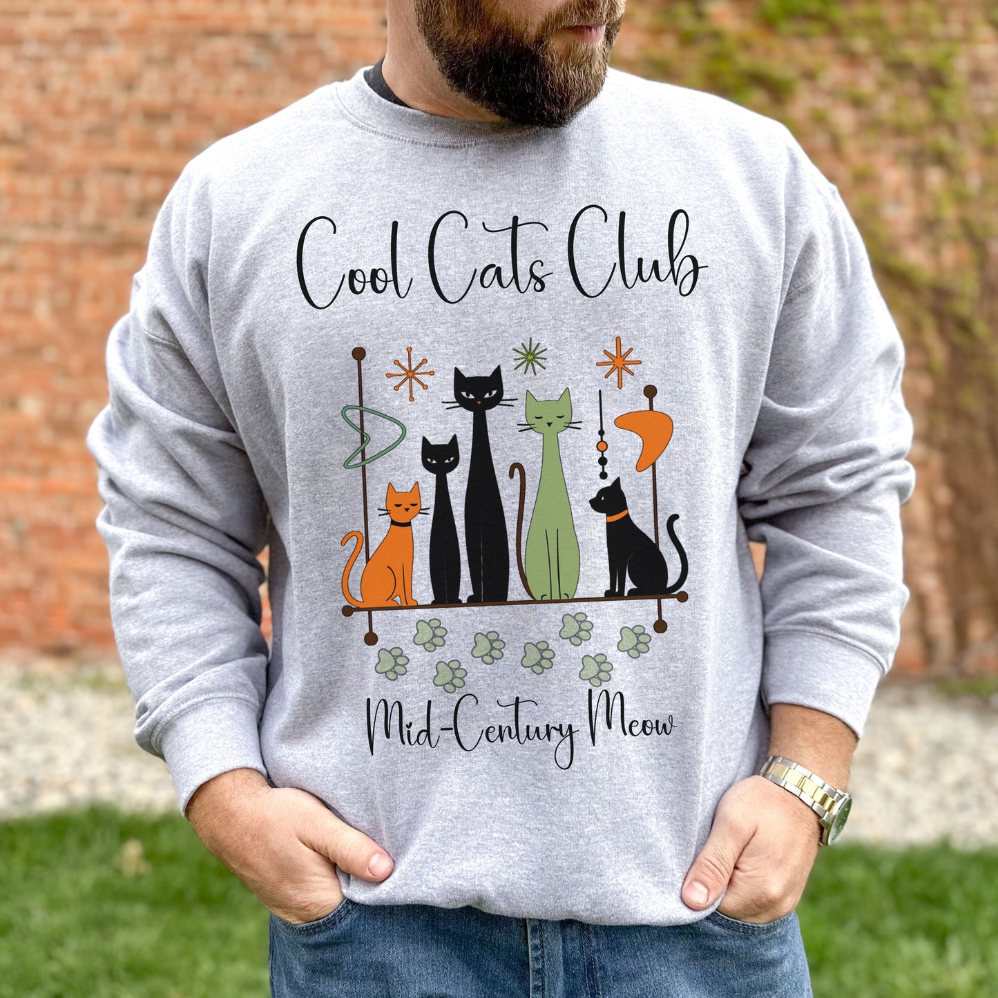 Cool Cats Club Sweatshirt – Mid-Century Modern Cat Lover Shirt, Retro Atomic Style Sweatshirt for Vintage Aesthetic Fans