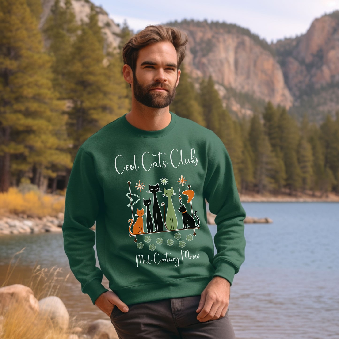 Cool Cats Club Sweatshirt – Mid-Century Modern Cat Lover Shirt, Retro Atomic Style Sweatshirt for Vintage Aesthetic Fans