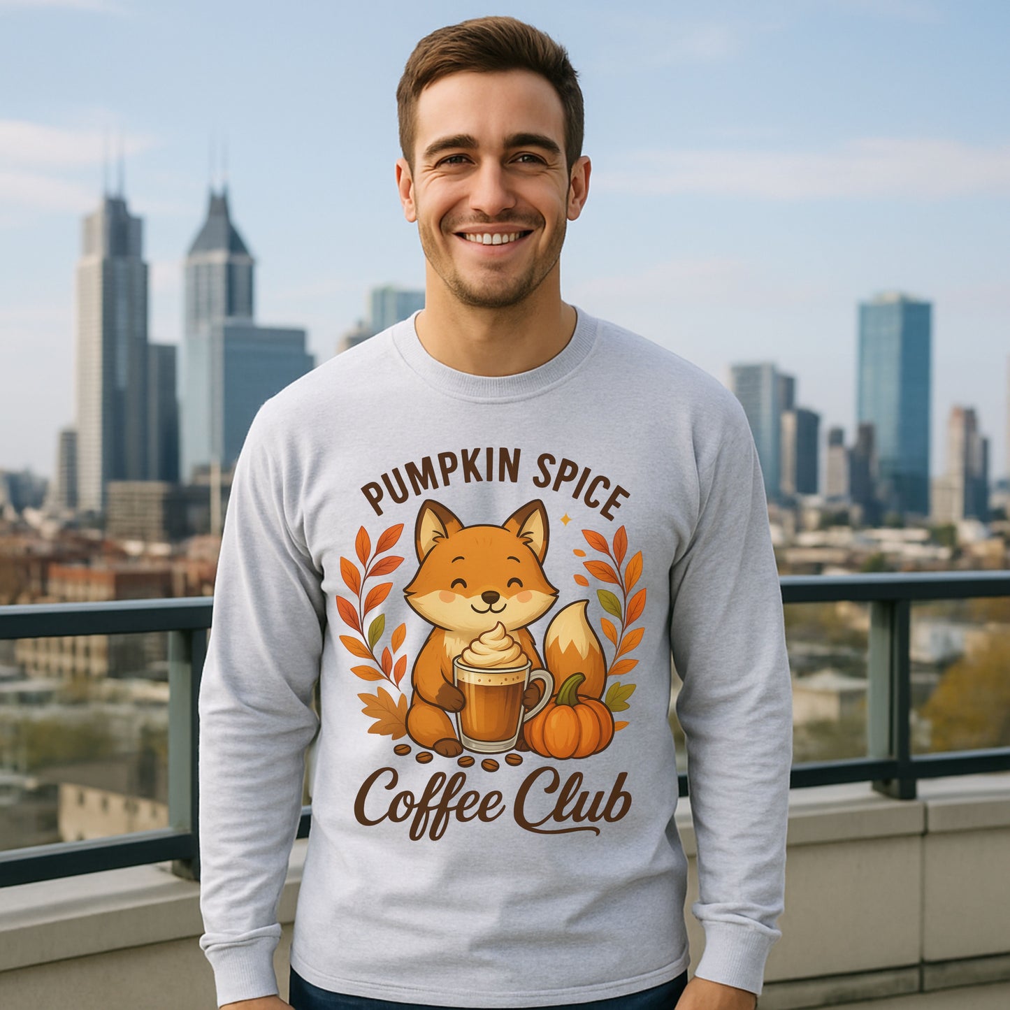 Pumpkin Spice Coffee Club Long Sleeve Tee | Cozy Autumn Apparel, Fall Shirt, Fox Graphic Tee, Unisex Fashion, Gift for Coffee Lovers