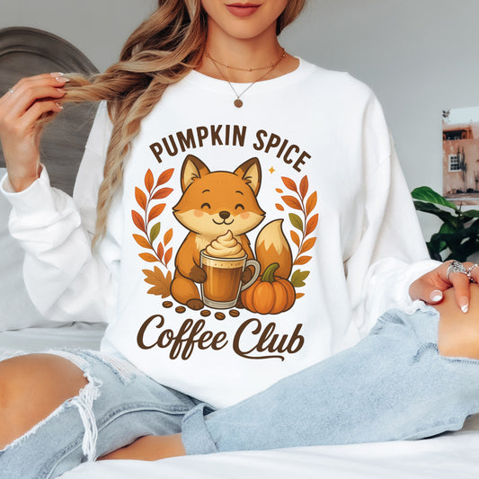 Pumpkin Spice Coffee Club Long Sleeve Tee | Cozy Autumn Apparel, Fall Shirt, Fox Graphic Tee, Unisex Fashion, Gift for Coffee Lovers