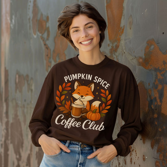 Pumpkin Spice Coffee Club Long Sleeve Tee | Cozy Autumn Apparel, Fall Shirt, Fox Graphic Tee, Unisex Fashion, Gift for Coffee Lovers
