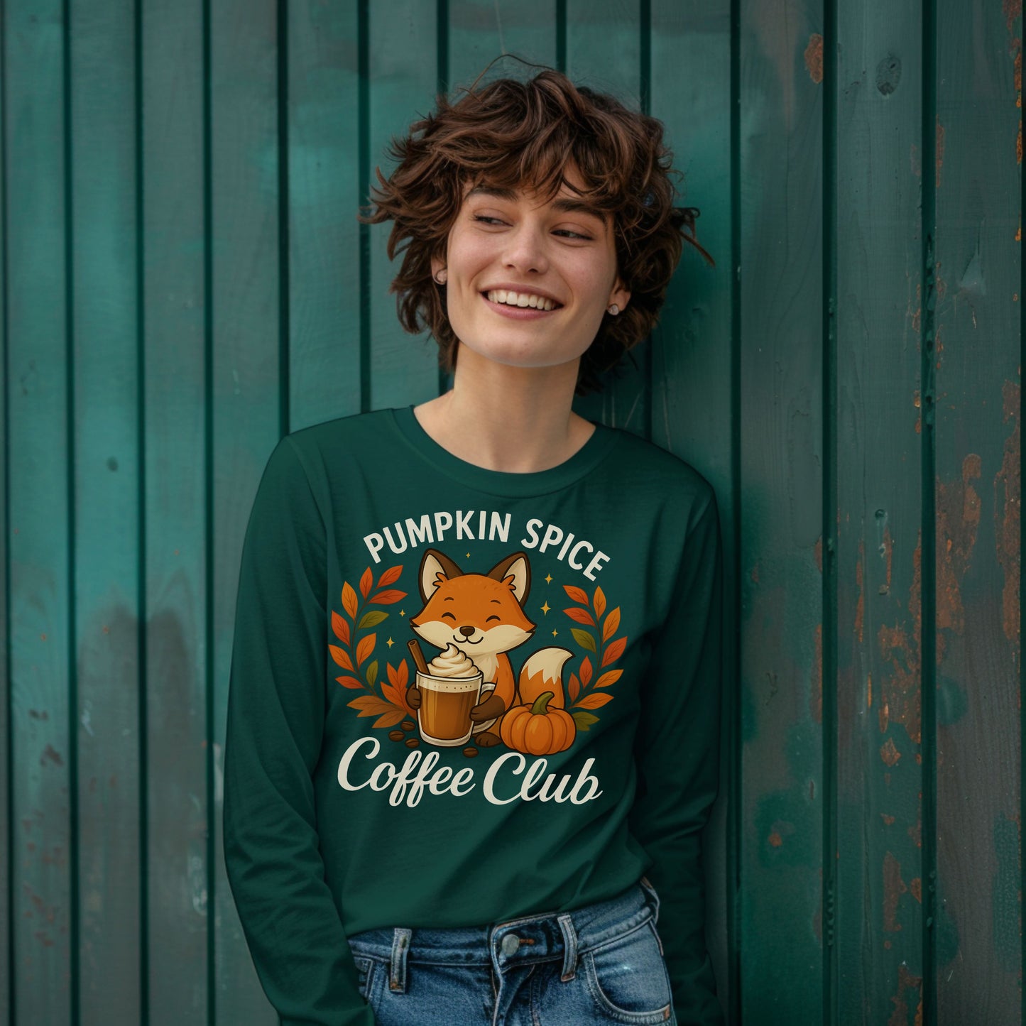 Pumpkin Spice Coffee Club Long Sleeve Tee | Cozy Autumn Apparel, Fall Shirt, Fox Graphic Tee, Unisex Fashion, Gift for Coffee Lovers