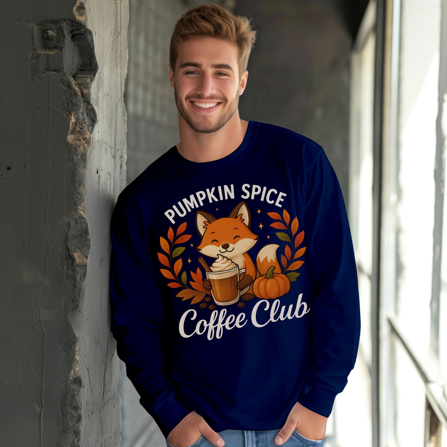 Pumpkin Spice Coffee Club Long Sleeve Tee | Cozy Autumn Apparel, Fall Shirt, Fox Graphic Tee, Unisex Fashion, Gift for Coffee Lovers