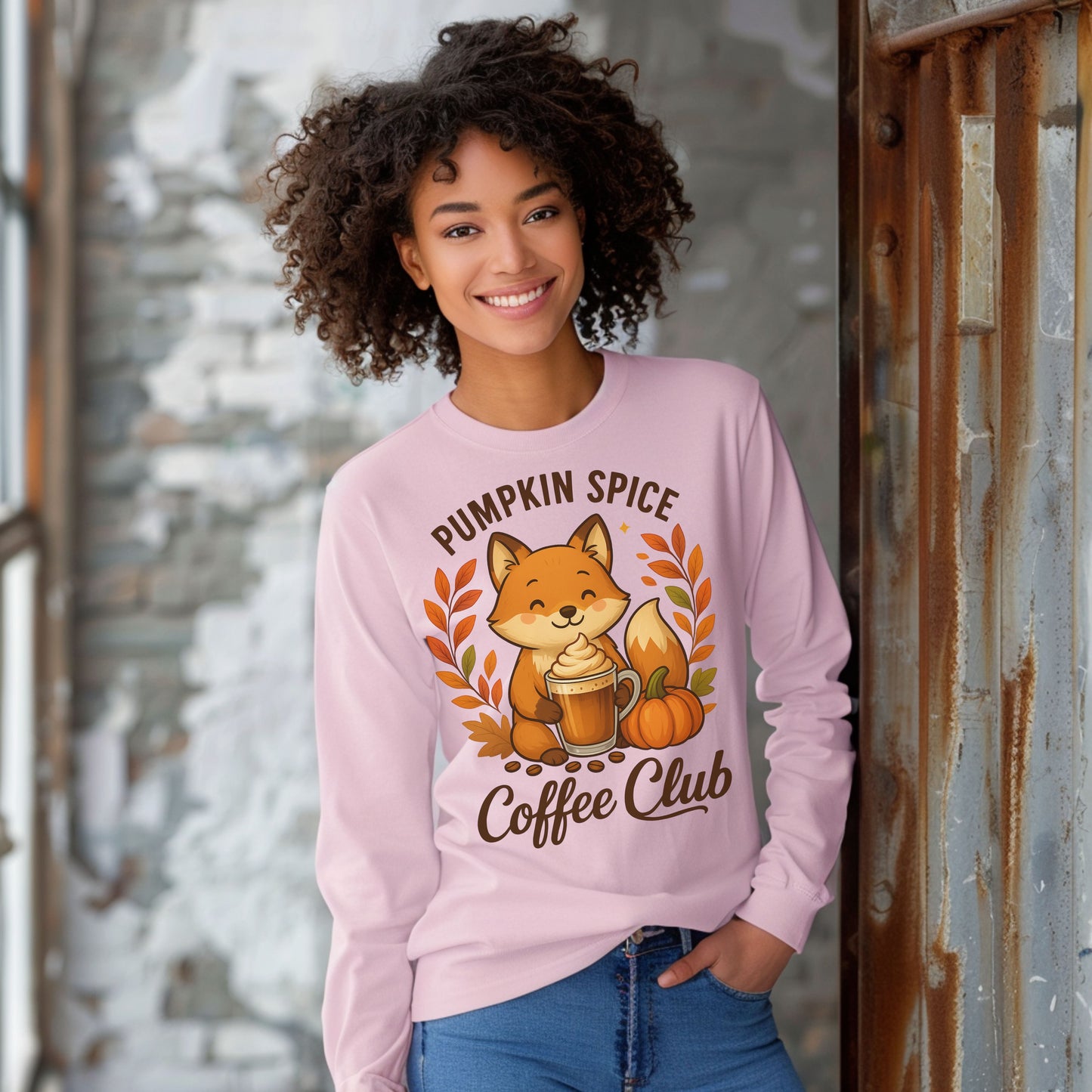 Pumpkin Spice Coffee Club Long Sleeve Tee | Cozy Autumn Apparel, Fall Shirt, Fox Graphic Tee, Unisex Fashion, Gift for Coffee Lovers