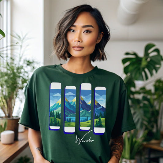 Wander Landscape T-Shirt – Minimal Mountain Panel Graphic Tee | Nature-Inspired Unisex Shirt