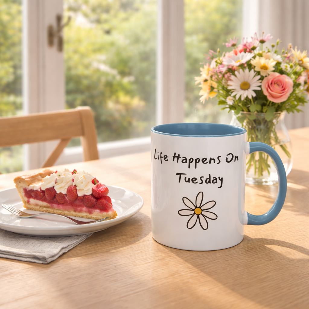 Life Happens On A Tuesday Mug – Funny Coffee Mug, Cute Daisy Mug, Relatable Quote Cup, Morning Coffee Gift, Work Mug