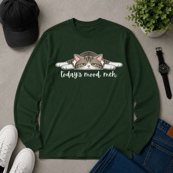 Today’s Mood Meh Cat Long Sleeve Shirt, Funny Cat Long Sleeve Tee, Sarcastic Cat Shirt, Cute Lazy Cat Graphic Tee, Introvert Mood Shirt, Cozy Cat Lover Gift, Unisex Long Sleeve Tee