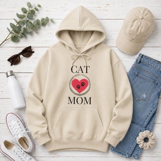 Cat Mom Hoodie, Pet Lover Hoodie, Heart Paw Print Hoodie, Gift for Cat Mom, Cat Lover Sweatshirt, Cat Hoodie