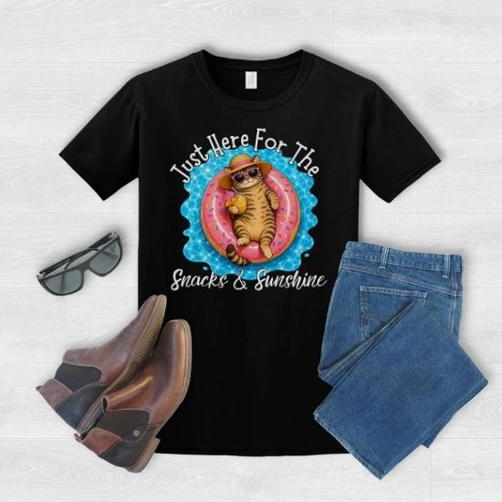 Just Here For The Snacks And Sunshine Shirt, Funny Summer Cat Shirt, Pool Cat T Shirt, Vacation Cat Tee, Cat Lover Gift, Beach Shirt