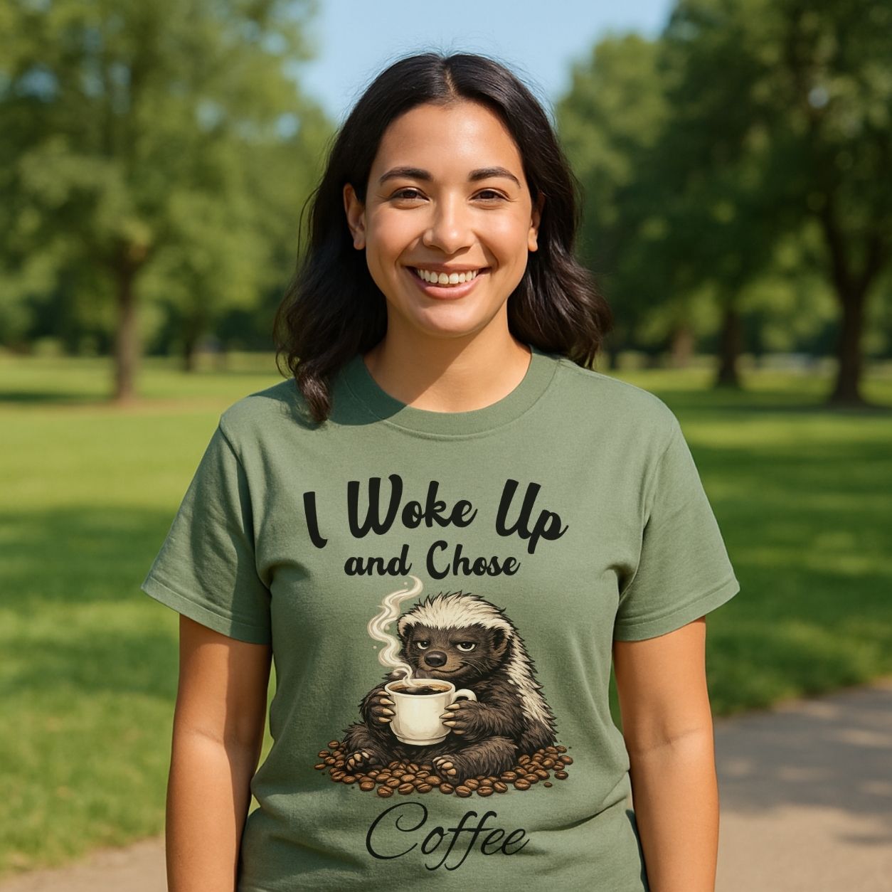 I Woke Up And Chose Coffee Shirt Funny Honey Badger Coffee Shirt Sarcastic Coffee Lover Tee Caffeine Addict Gift Funny Animal Shirt