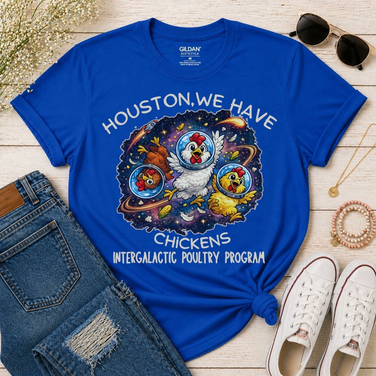 Houston We Have Chickens Shirt Funny Space Chicken T Shirt Intergalactic Poultry Program Tee Funny Chicken Gift Sci Fi Humor Shirt Nerdy Animal Tee