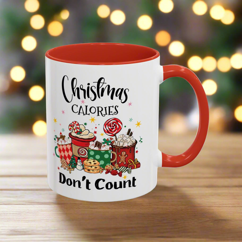 Funny Christmas Accent Mug - "Christmas Calories Don't Count" Holiday Coffee Cup - Festive Gift for Coffee & Hot Chocolate Lovers