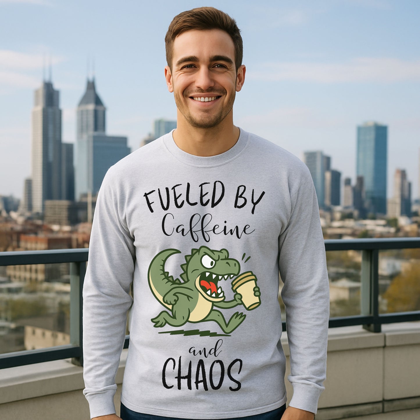 Fueled by Caffeine and Chaos Dinosaur Long Sleeve T-Shirt – Funny Coffee T-Rex Tee for Caffeine Addicts