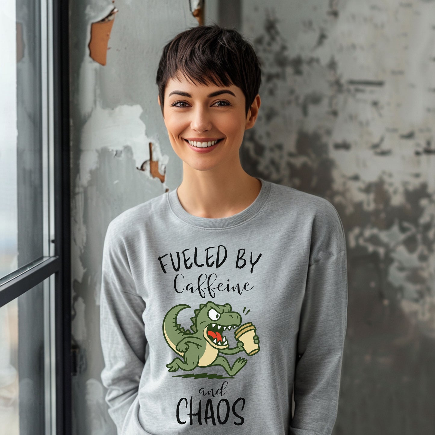 Fueled by Caffeine and Chaos Dinosaur Long Sleeve T-Shirt – Funny Coffee T-Rex Tee for Caffeine Addicts
