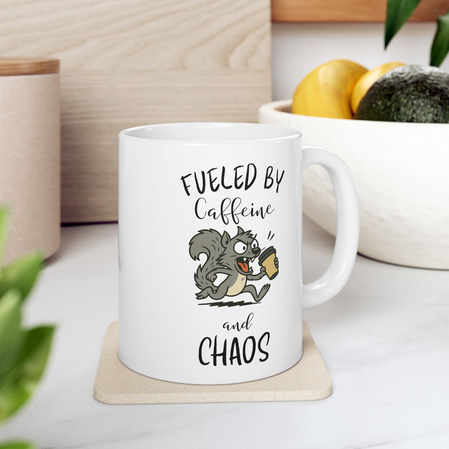 Fueled by Caffeine and Chaos Mug – Funny Squirrel Coffee Cup for Hyper Mornings