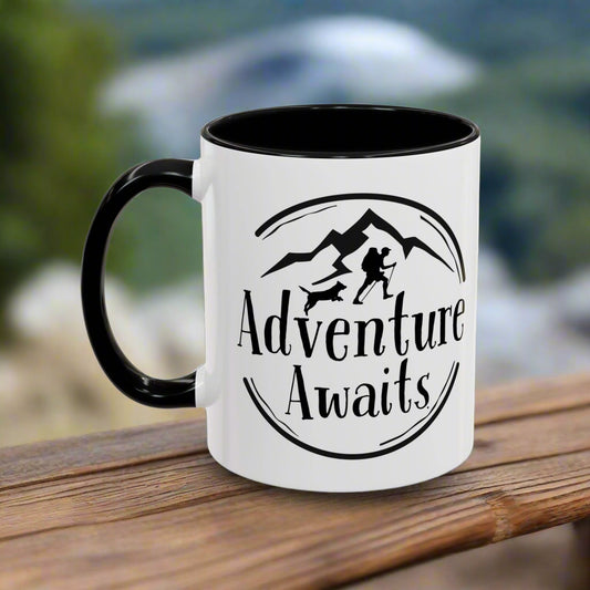 “Adventure Awaits” Accent Mug Hiking and Dog Lover Mug – Perfect Ceramic Coffee Cup for Outdoor Enthusiasts
