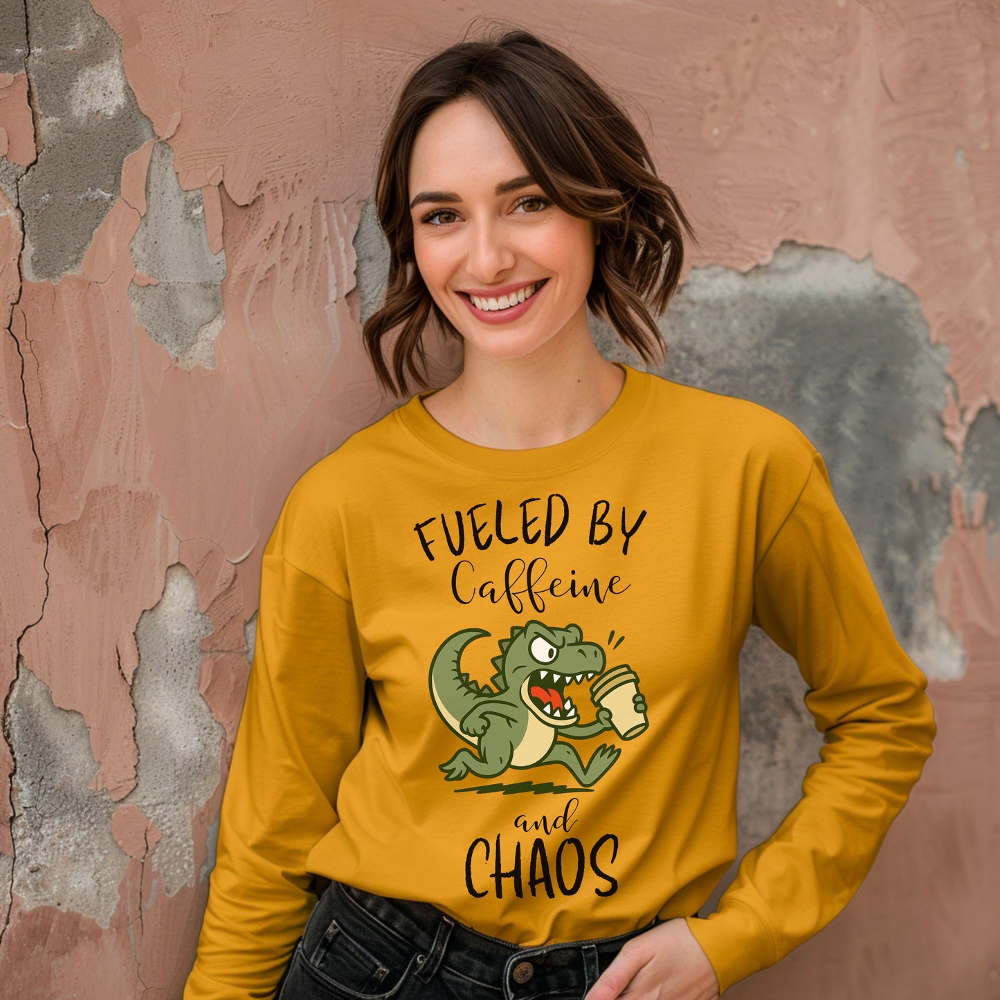 Fueled by Caffeine and Chaos Dinosaur Long Sleeve T-Shirt – Funny Coffee T-Rex Tee for Caffeine Addicts