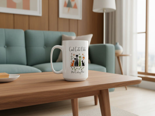 Cool Cats Club Coffee Mug – Mid-Century Modern Cat Mug for Cat Lovers, Retro Style & Cozy Coffee Moments