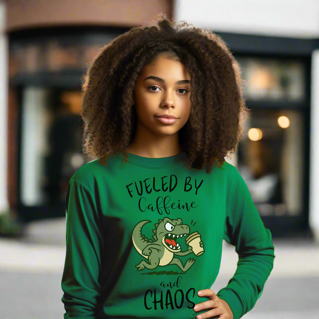 Fueled by Caffeine and Chaos Dinosaur Long Sleeve T-Shirt – Funny Coffee T-Rex Tee for Caffeine Addicts