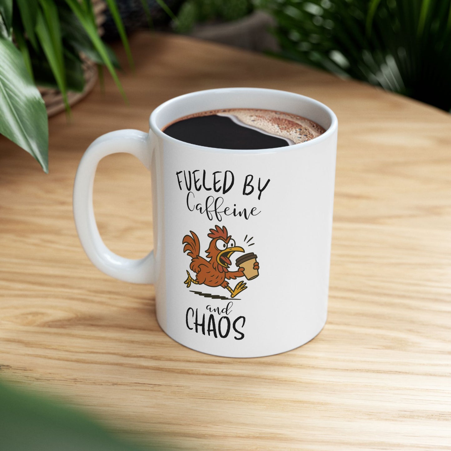 Fueled by Caffeine and Chaos Mug – Funny Chicken Coffee Cup for Animal Lovers & Morning People