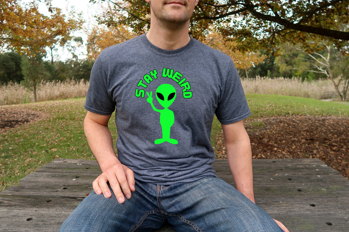 Stay Weird Alien Peace Sign T-Shirt – Fun Retro UFO Graphic Tee