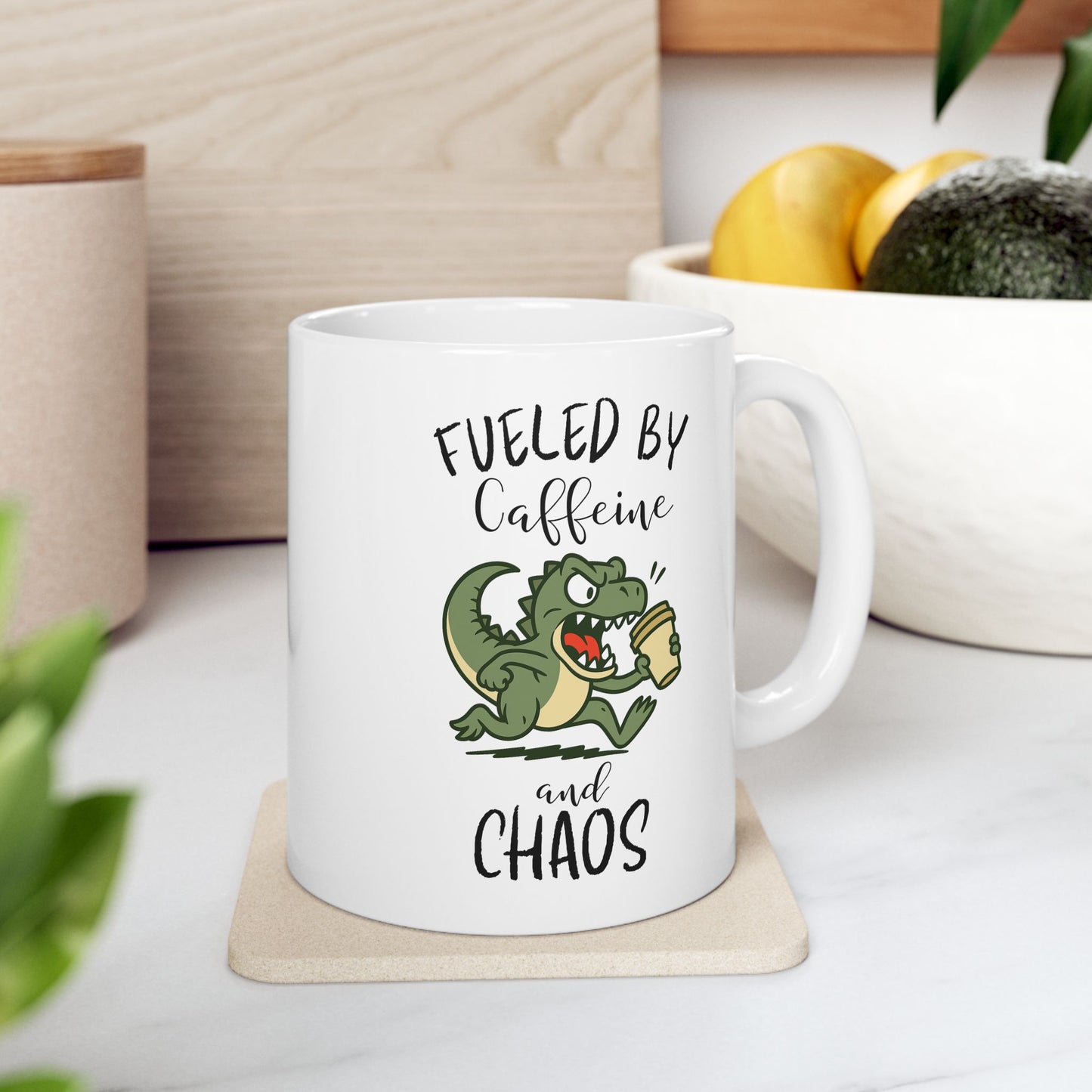 Fueled by Caffeine and Chaos Mug – Funny T-Rex Coffee Cup for Dinosaur Lover