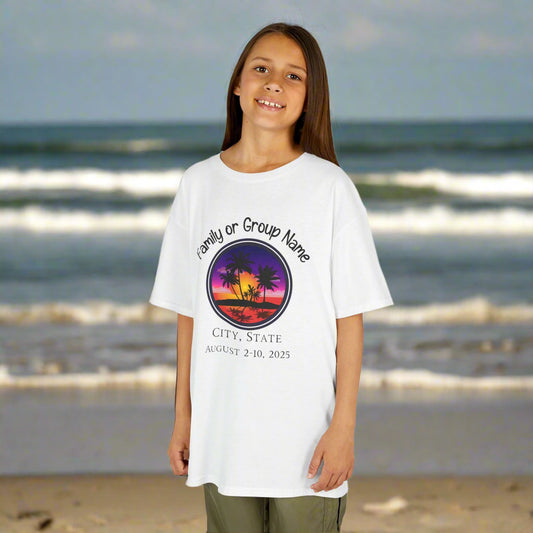 Kids Tee, Family Vacation Custom Family Group Trip T-Shirt , Personalized Location & Date Beach Sunset Design Unisex Softstyle T-Shirt with Customizable Design, Personalized Group Tee, Beach Trip Family Shirt, Summer Celebration