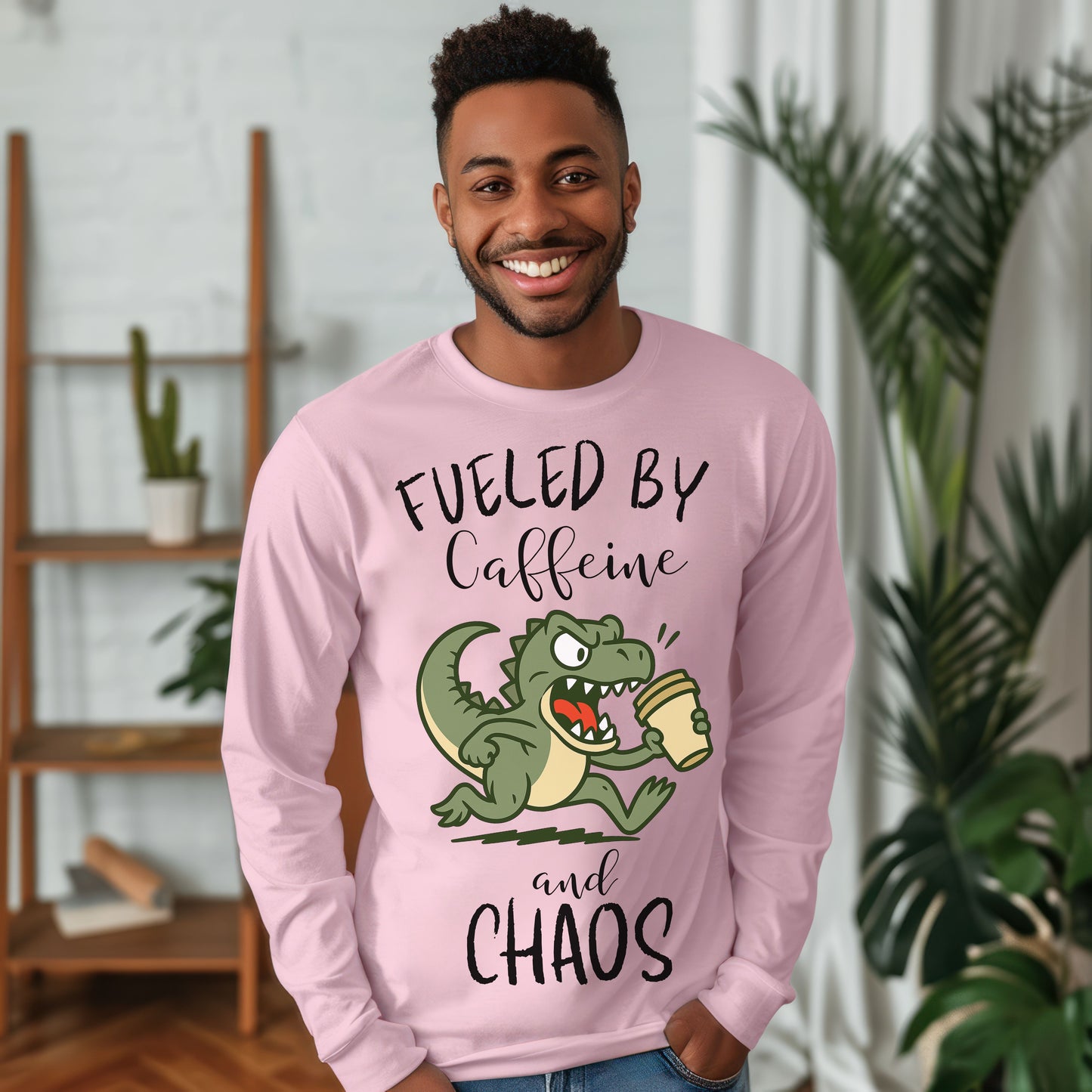 Fueled by Caffeine and Chaos Dinosaur Long Sleeve T-Shirt – Funny Coffee T-Rex Tee for Caffeine Addicts