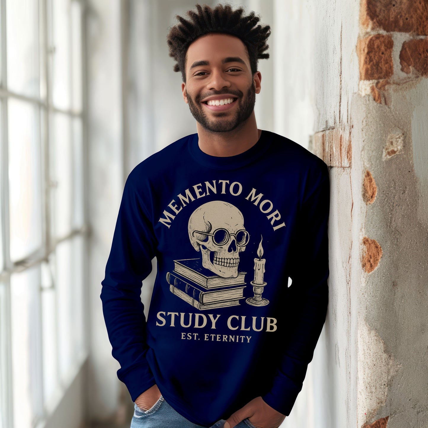 Memento Mori Study Club Long Sleeve T-Shirt – Gothic Academia Skull Tee for Bookish Souls