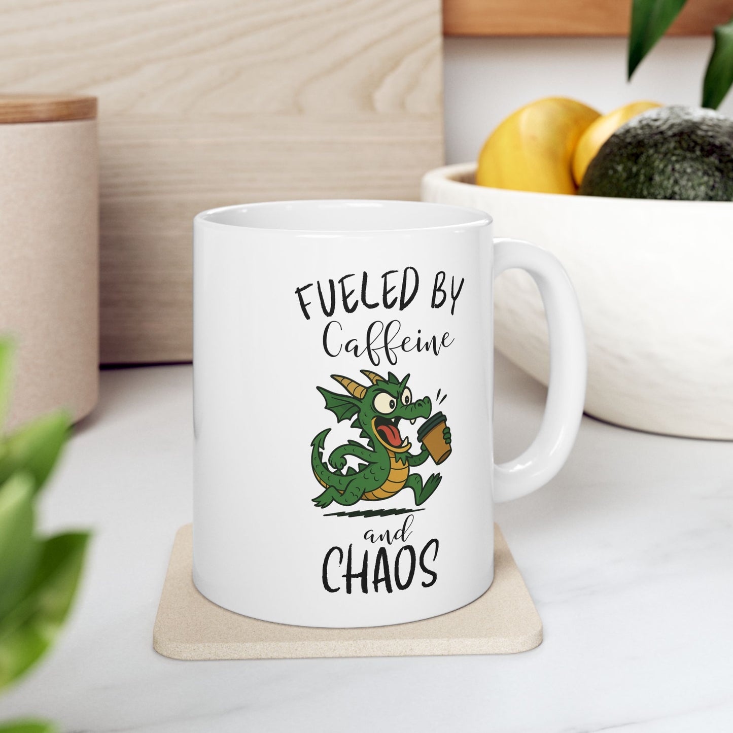 Fueled by Caffeine and Chaos Mug – Funny Dragon Coffee Cup for Fantasy Fans