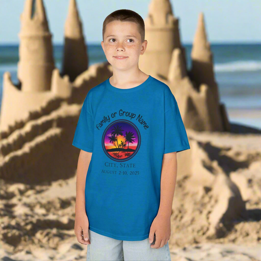 Kids Tee, Family Vacation Custom Family Group Trip T-Shirt , Personalized Location & Date Beach Sunset Design Unisex Softstyle T-Shirt with Customizable Design, Personalized Group Tee, Beach Trip Family Shirt, Summer Celebration