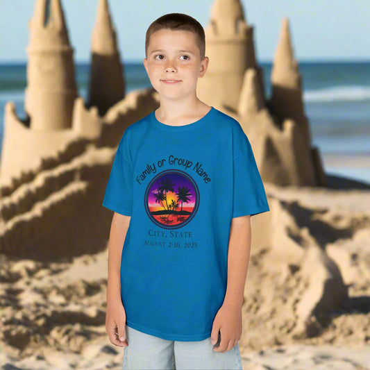 Kids Tee, Family Vacation Custom Family Group Trip T-Shirt , Personalized Location & Date Beach Sunset Design Unisex Softstyle T-Shirt with Customizable Design, Personalized Group Tee, Beach Trip Family Shirt, Summer Celebration