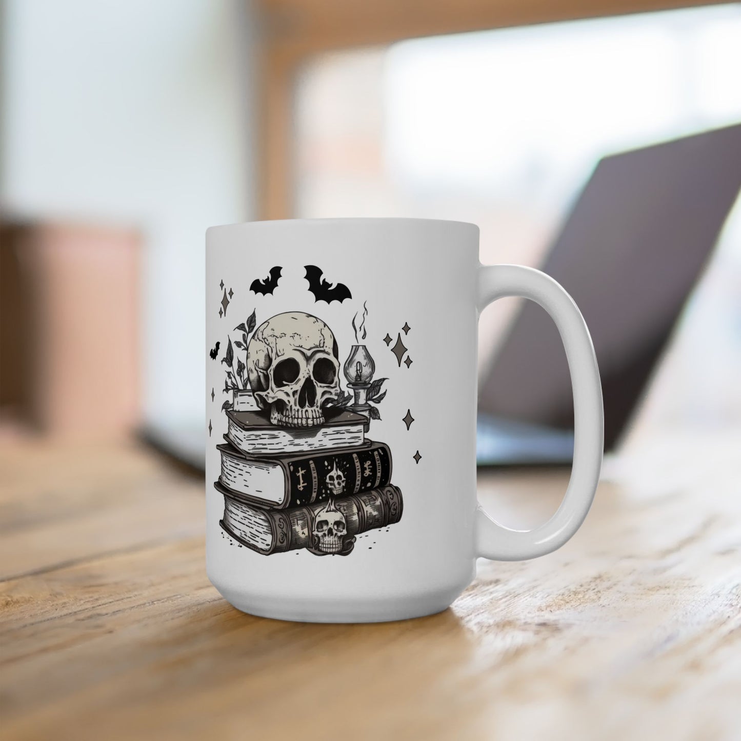 Dark Academia Skull Mug - Spooky Book and Candle Design - Perfect Coffee or Tea Gift for Halloween & Gothic Lovers
