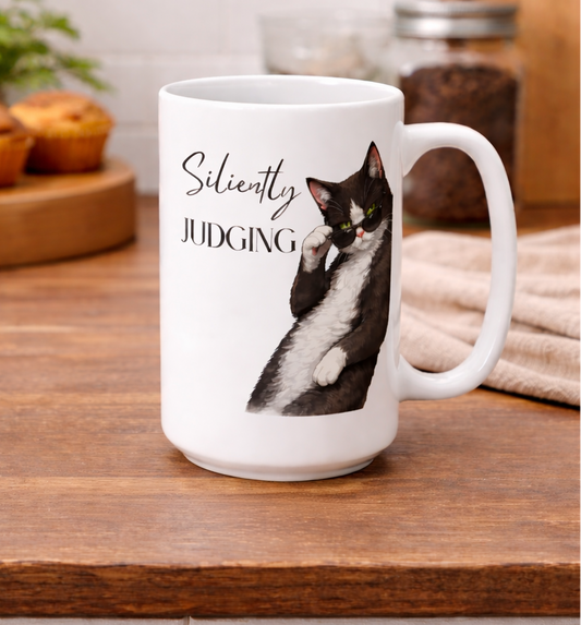 Silently Judging Cat Mug – Funny Sarcastic Coffee Mug, Cat Lover Gift, Black & White Cat Mug, 11oz & 15oz