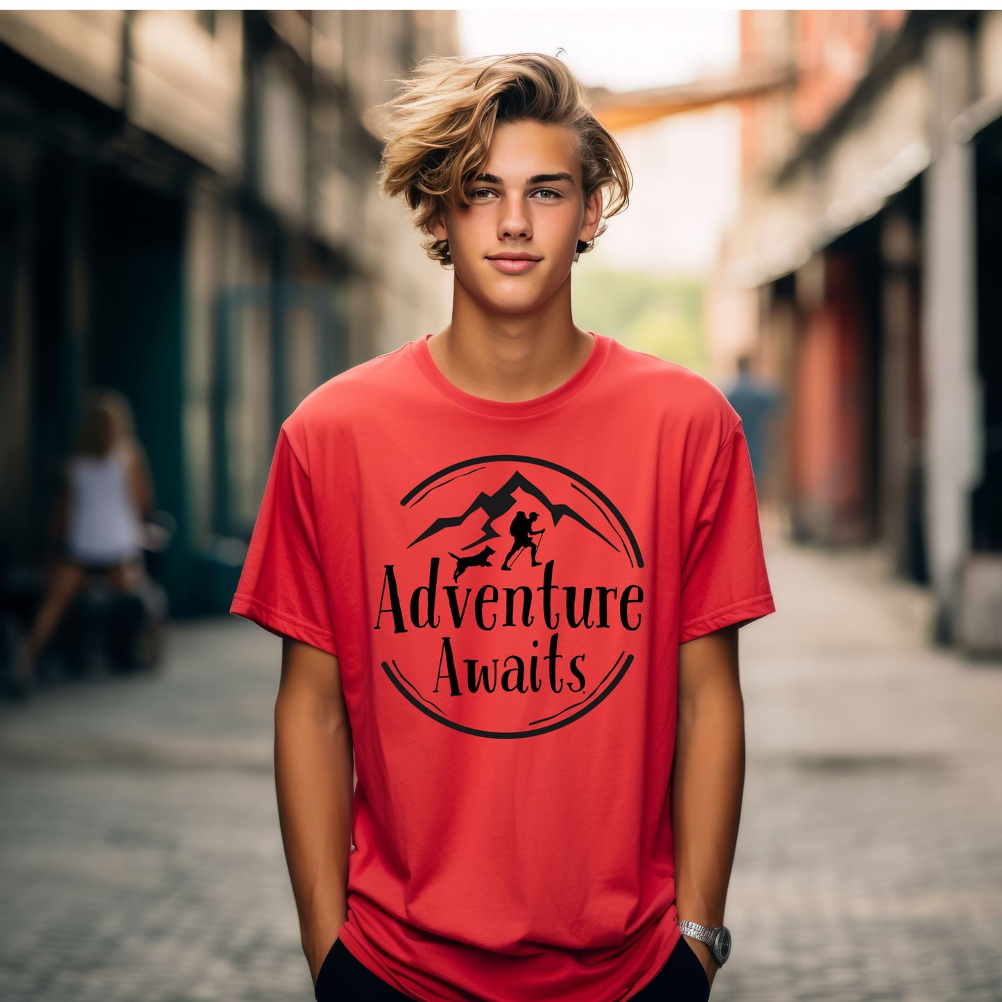 Adventure Awaits Hiking T-Shirt –Hiker & Dog Graphic Tee Hiking Tshirt