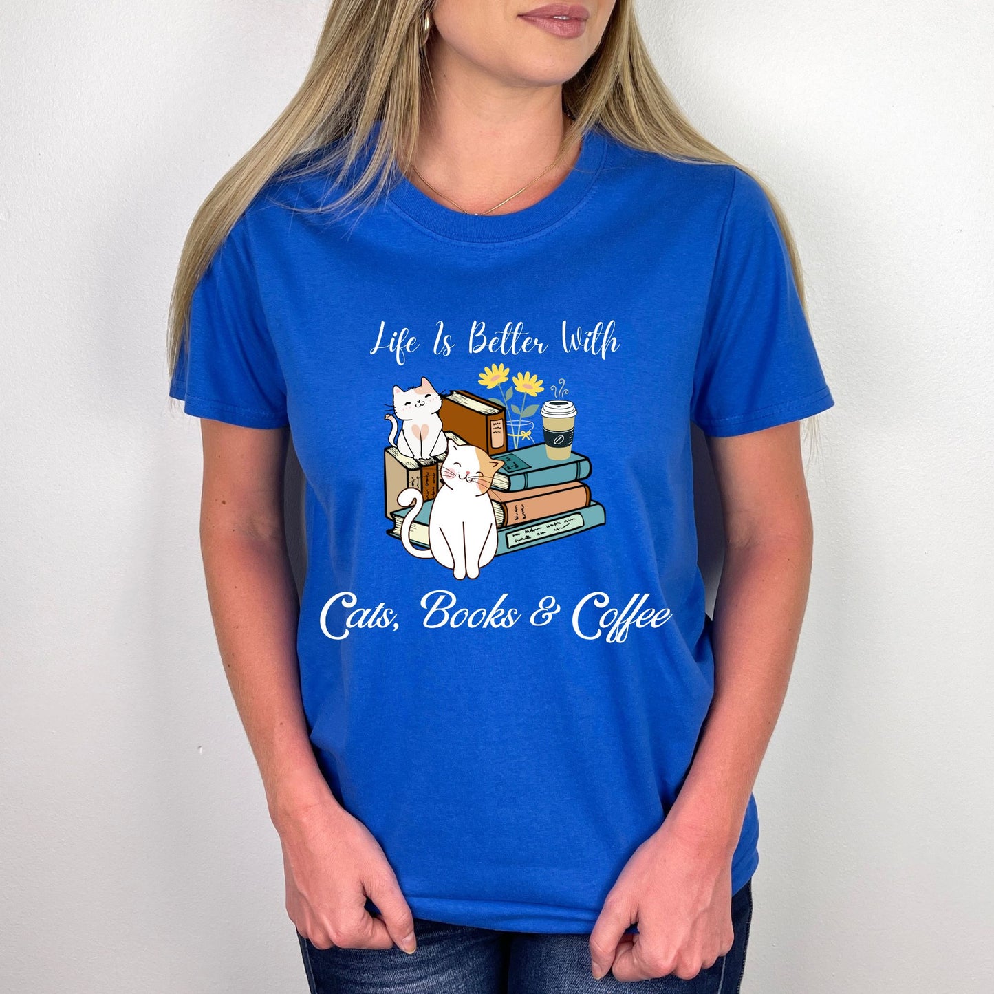 Life’s Better with Cats, Books, and Coffee T-Shirt – Cute Cat & Book Lover Graphic Tee