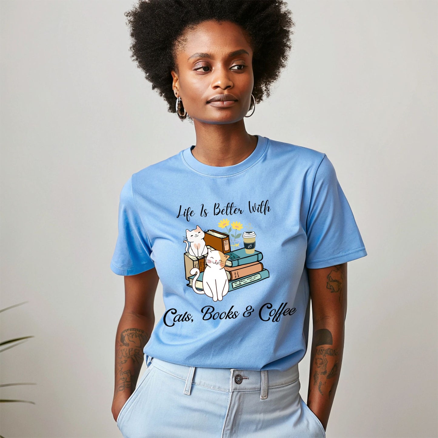 Life’s Better with Cats, Books, and Coffee T-Shirt – Cute Cat & Book Lover Graphic Tee