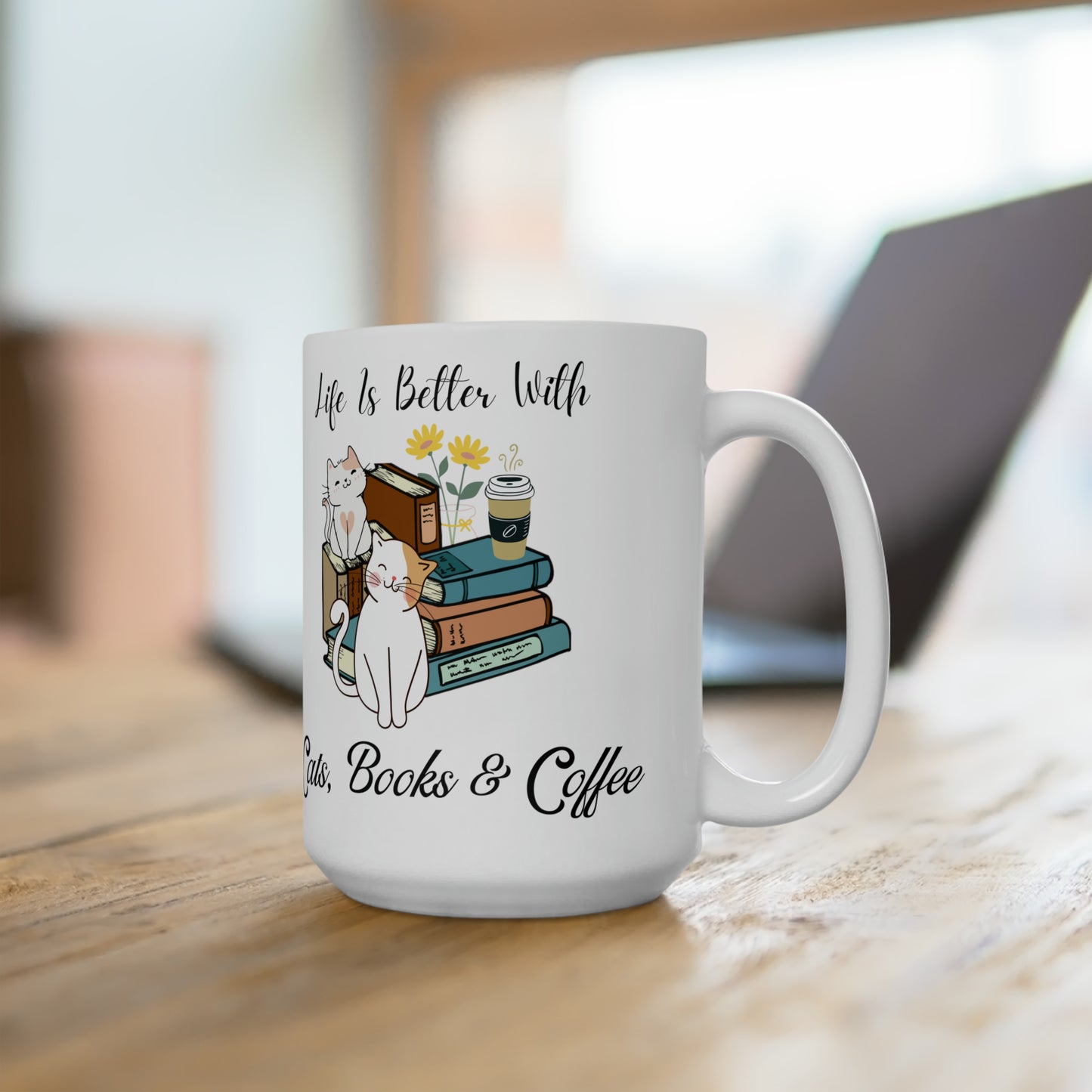 Life Is Better With Cats, Books & Coffee Mug - Cute Cat Lover Gift - Book and Coffee Enthusiast Coffee Cup