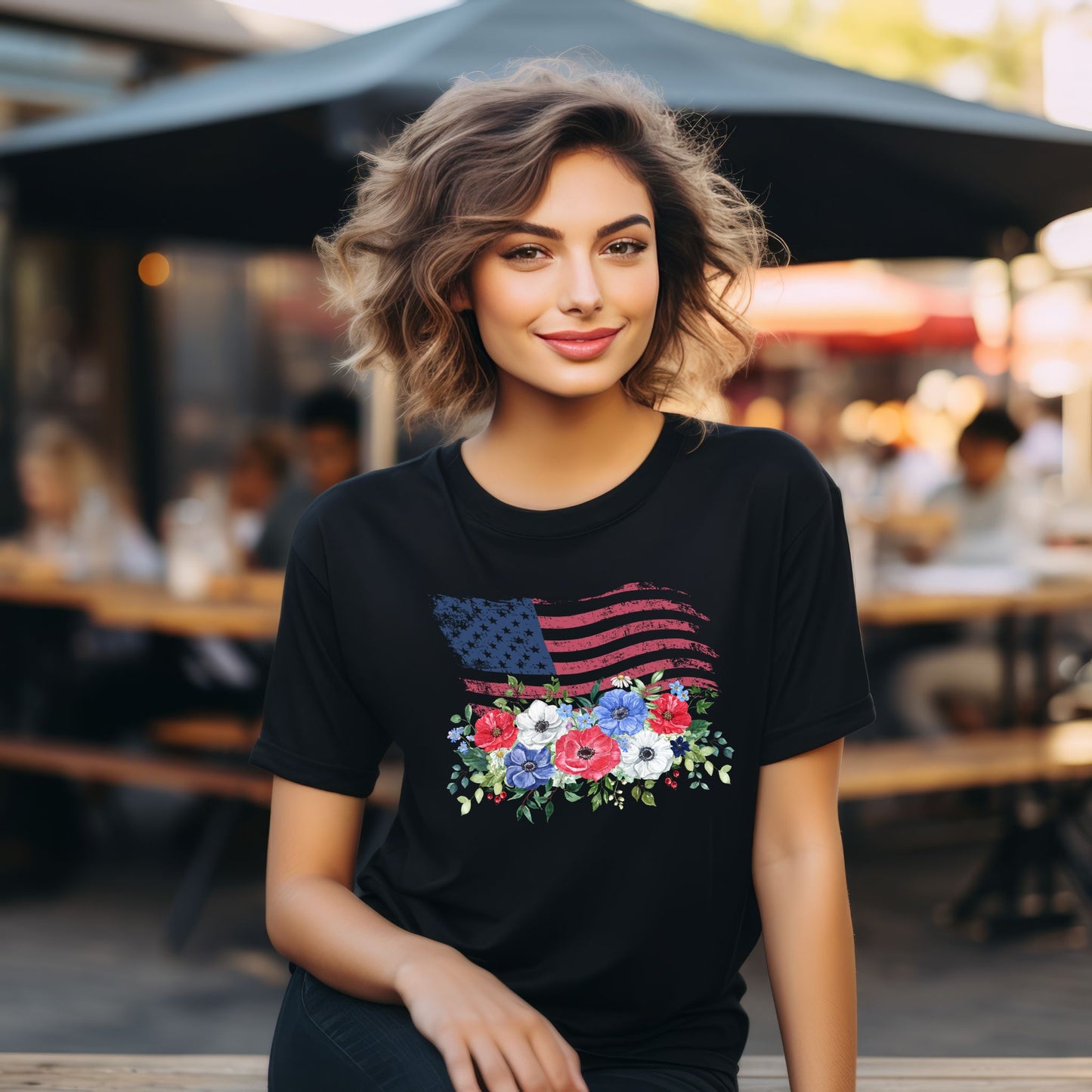 Floral American Flag T-Shirt USA Flag with Flowers Patriotic Graphic Tee Flag Graphic T-Shirt Independence Day Shirt USA Flag T Shirt 4th of July Shirt