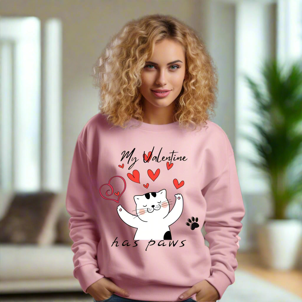 My Valentine Has Paws Cat Sweatshirt Cute Cat Love Shirt Valentine’s Day Kitty with Hearts Sweatshirt