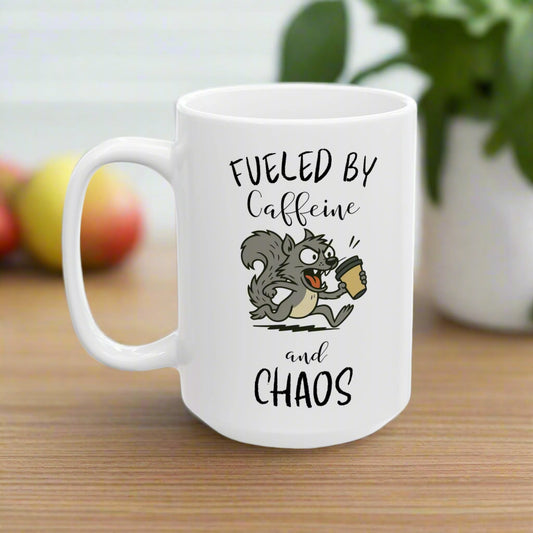 Fueled by Caffeine and Chaos Mug – Funny Squirrel Coffee Cup for Hyper Mornings