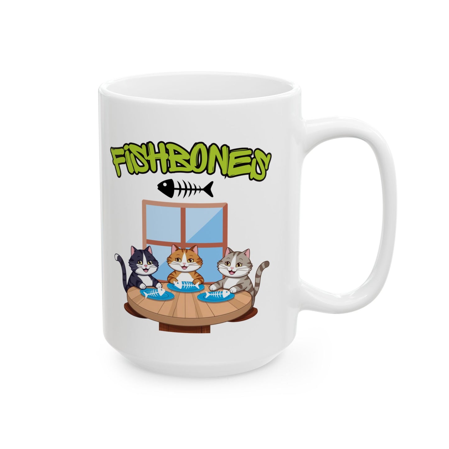 Fishbones Cat Mug – Funny Cat Lover Coffee Mug, Cute Cats & Fish Pun Gift