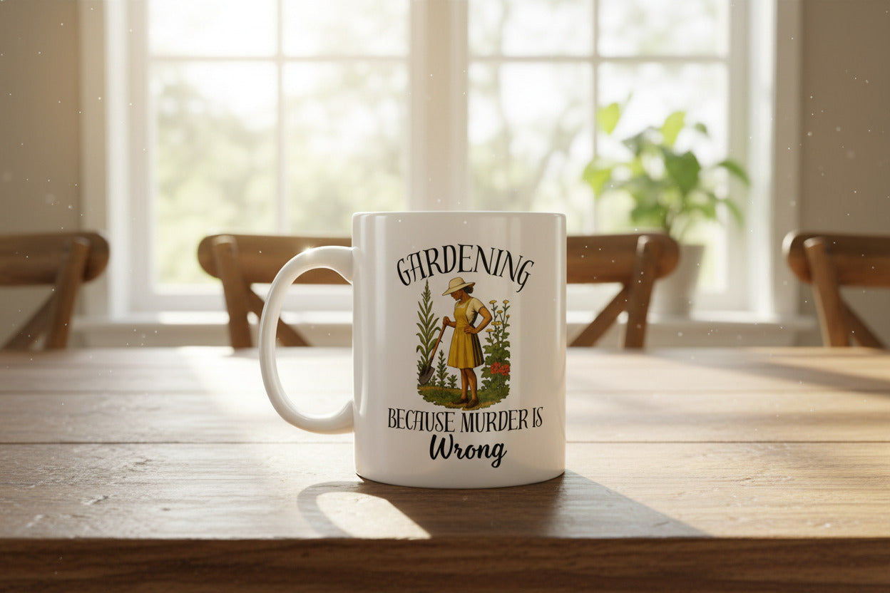 Gardening Because Murder Is Wrong Mug – Funny Gardening Coffee Mug for Plant Lovers & Dark Humor Fans