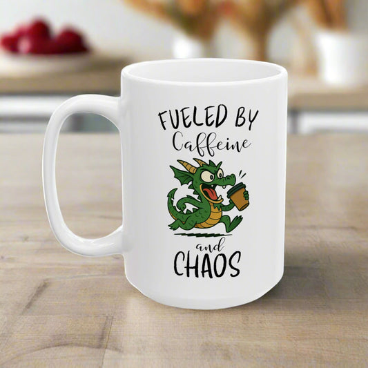 Fueled by Caffeine and Chaos Mug – Funny Dragon Coffee Cup for Fantasy Fans
