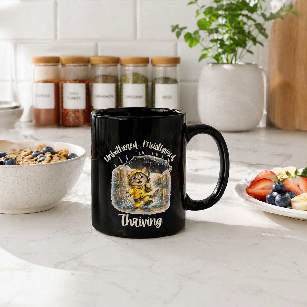 Cat Coffee Mug, Unbothered Moisturized Thriving Mug, Funny Cat Mug, Rainy Day Mug, Cute Cat Coffee Cup, Gift for Cat Lovers, 11oz, 15oz, Black, White Mug